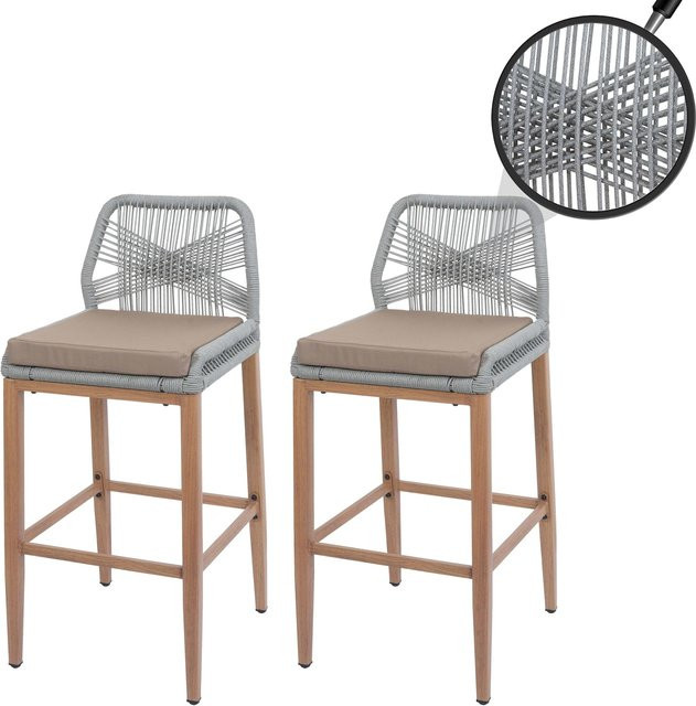 2er-Set MCW Rope-Barhocker O21 Outdoor mit Seilgeflecht und Sitzpolstern in Hellgrau und Taupe - Bild 1