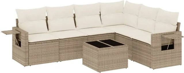 vidaXL 7-tlg. Garten-Sofagarnitur in L-Form mit Kissen und Couchtisch, Beige, Poly-Rattan mit Metallgestell - Bild 1