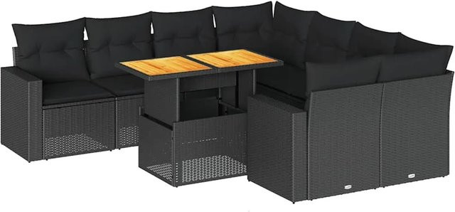vidaXL 9-teilige Garten-Sofagarnitur aus Poly-Rattan und Akazienholz in Schwarz mit Kissen - Bild 1