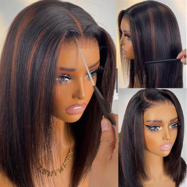 HOTBABE Highlight Brown Glueless Perücke, Brasilianisches Echthaar, 18 Zoll - Bild 1