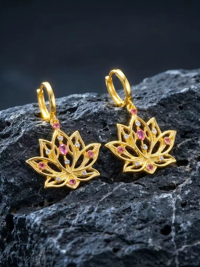 Rinhoo Ohrringe, goldfarben, Lotusblüten, Strass-Tropfen, Damen - Bild 6