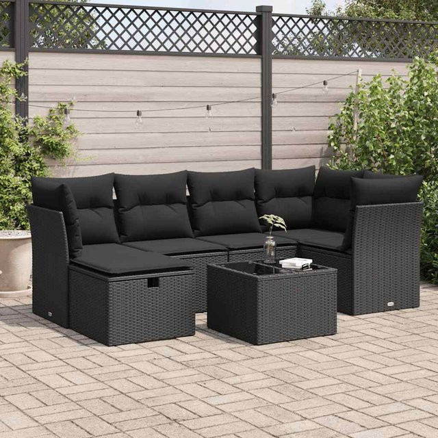 vidaXL 7-tlg. Garten-Sofagarnitur in L-Form aus Polyrattan mit Kissen in Schwarz - Bild 3