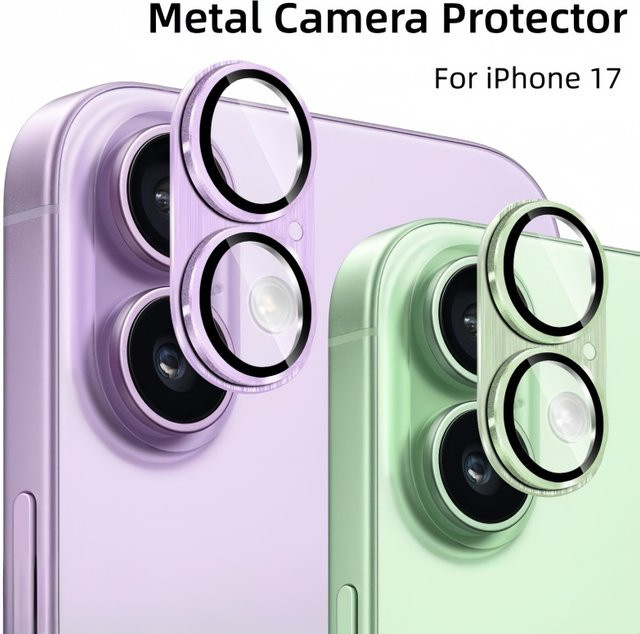 Kamera-Schutzhülle für iPhone 17 aus Metall-Legierung mit Glas-Vollabdeckung für das Objektiv in Lila und Grün - Bild 1