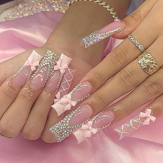 Glamour Nails Press On Nägel, 24 Stück, Schwarz, Quadratisch, 3D Schleife - Bild 1