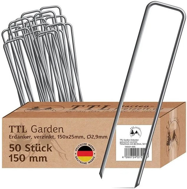 TTL GARDEN 50 Stück Erdanker aus verzinktem Stahl, Farbe Silber, Maße: Höhe: 150 mm, Breite: 25 mm, Durchmesser: 2,9 mm, Bodenanker Heringe für Gartenvlies, Unkrautvlies und Vogelschutznetz - Bild 1