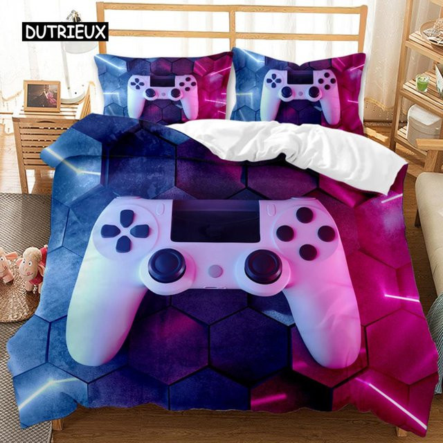 Gaming-Bettwäsche-Set mit Gamepad- und Headset-Design für Jungen und Teenager, Blau, 3-teilig, B: 155 cm, L: 215 cm - Bild 1