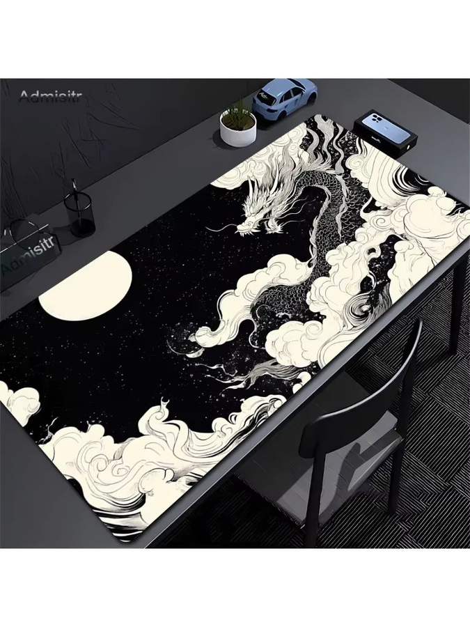 Admisitr XXL Mauspad mit Black and White Dragon Anime Design, rutschfeste Spielmatte aus Gummi für Tastatur und Desktop, waschbar - Bild 2
