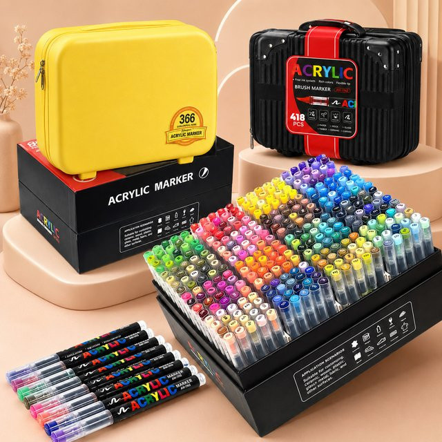 Acryl-Marker-Set mit Pinselspitze in 12 bis 418 Farben, abwaschbare Malmarker für Stein, Glas, Keramik, Leinwand und Holz, Multicolor - Bild 1