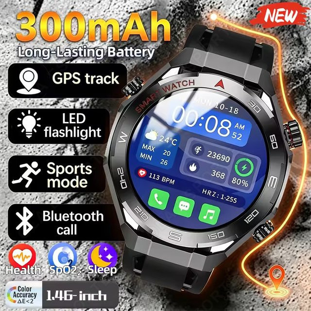 Ola Esporte Militärische Smartwatch für Herren in Schwarz mit Gesundheitsmonitor, kabelloser Anruffunktion und IP68 wasserdicht, kompatibel mit Android, Modell HT30 - Bild 1