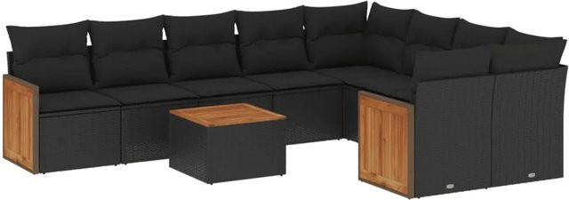 vidaXL 10-tlg. Garten-Sofagarnitur aus Poly-Rattan und Akazienholz in Schwarz mit Kissen - Bild 1
