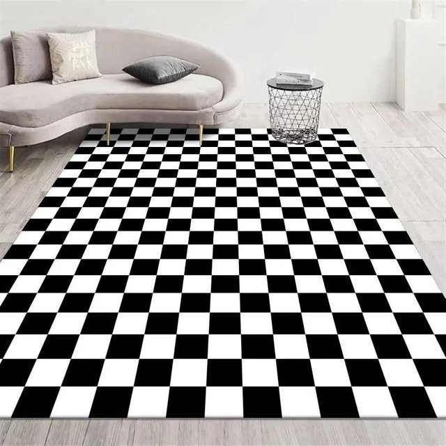 JGJG Retro Schachbrett Teppich in Schwarz, weicher Plüschteppich für Wohnzimmer und Schlafzimmer, rutschfest und waschbar, B/T: 80 x 120 cm - Bild 1