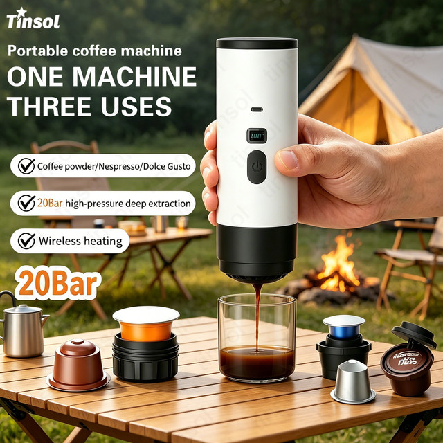 Tinsol 3-in-1 Tragbarer Kaffeebereiter mit automatischem Heizer, 20 Bar Espresso-Kaffeemaschine für Kapseln, Farbe: Weiß - Bild 1