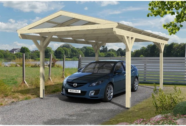 Skan Holz Carport Westerwald Satteldach aus Fichte Leimholz mit Doppelstegplatten aus Polycarbonat, Farbe: beige, B: 362 cm, T: 648 cm, H: 281 cm - Bild 1