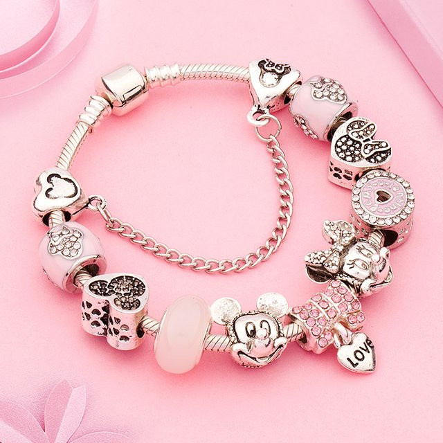 Disney Charm Armband, Silberbeschichtet, Rosa Emaille, Perlen, Damen - Bild 1