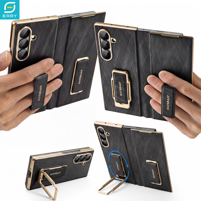 Eary Dual-Strap Leder-Handyhülle für Samsung Galaxy Fold 8 Ultra in Titanium Black mit Metallständer und magnetischem Griff - Bild 1