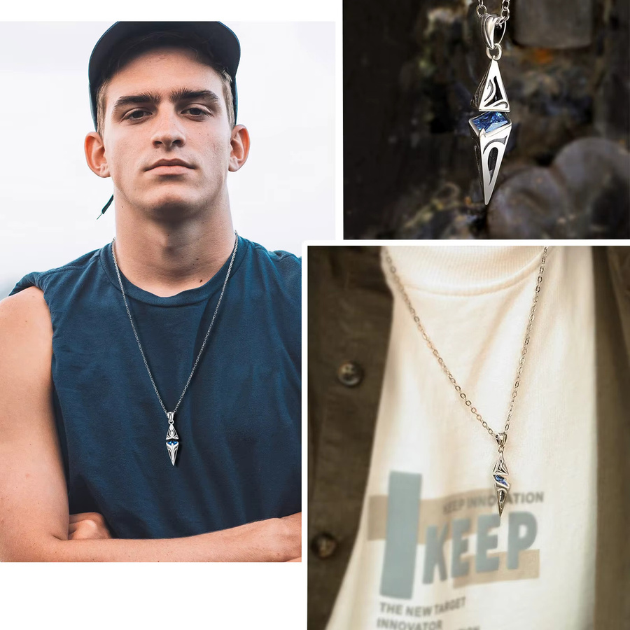 prjewel Halskette Edelstahl, blauer Stein, Würfel Anhänger, Herren - Bild 4