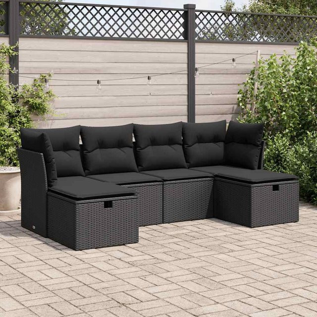 vidaXL 6-tlg. Garten-Sofagarnitur in L-Form aus Polyrattan mit Kissen, Schwarz - Bild 3