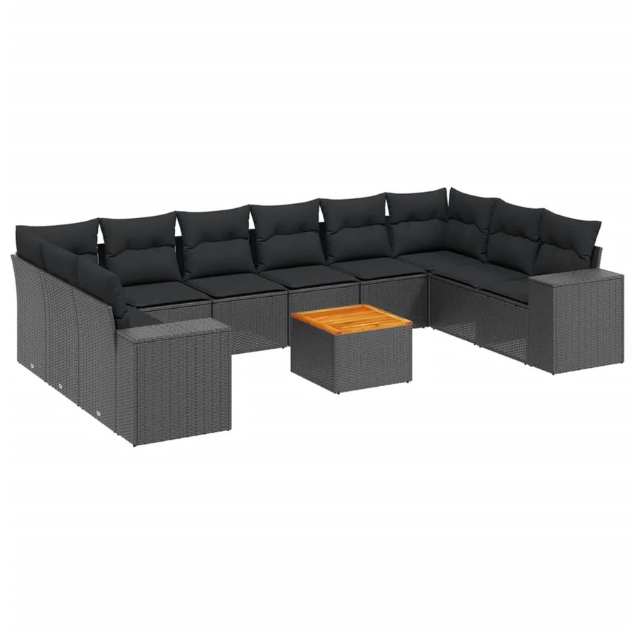 vidaXL 11-tlg Garten-Sofagarnitur in U-Form aus Polyrattan und Akazienholz mit Kissen, Schwarz - Bild 2