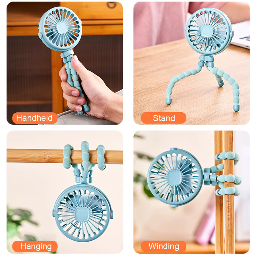 Tragbarer Mini-Clip-Ventilator für Baby-Kinderwagen von raugee, USB wiederaufladbar, 360 Grad drehbar und faltbar mit flexiblem Stativ, Blau - Bild 4