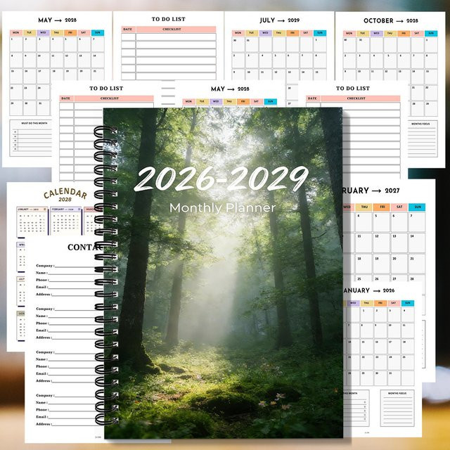 Forest Sunbeam Spiral-Notizbuch 2026-2029 als Monatsplaner und Tagesplaner, Grün, A5, Softcover - Bild 1