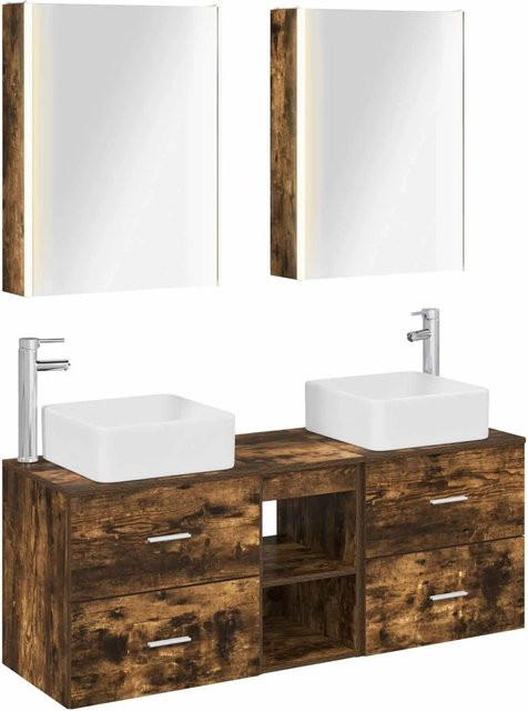 vidaXL Badezimmermöbel-Set 5-teilig in Geräucherte Eiche, modern mit Spiegelschrank, LED-Beleuchtung und Waschtischunterschrank, Braun - Bild 1