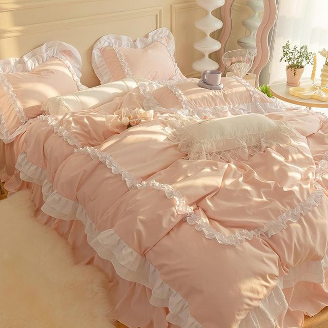 INS Prinzessinnen-Bettwäsche mit Rüschen und Spitze im Shabby Chic, Bettbezug für Mädchen und Frauen, Farben: Grün oder Pink, Breite: 150 cm, Länge: 200 cm - Bild 1