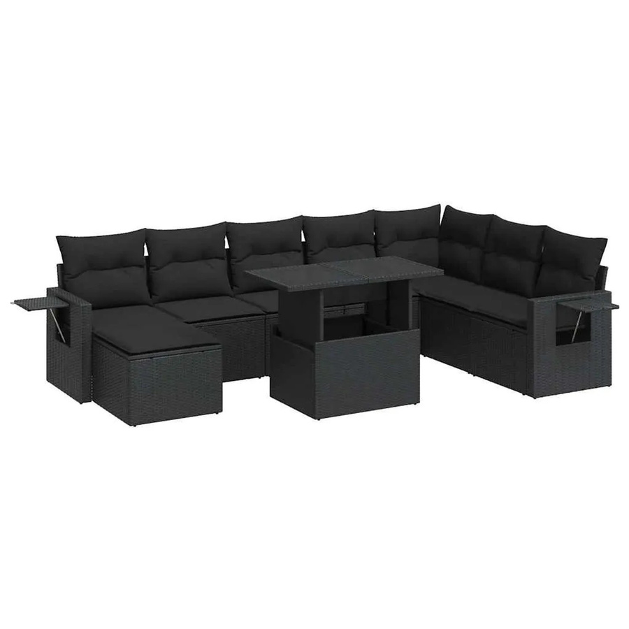 vidaXL 9-tlg Garten-Sofagarnitur in L-Form aus schwarzem Poly-Rattan mit Kissen und pulverbeschichtetem Stahlgestell - Bild 2