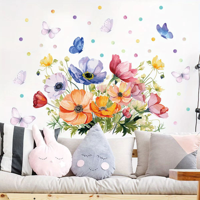 BRUP Wandaufkleber mit Aquarell-Blumen und Schmetterlingen für Kinderzimmer, Wohnzimmer und Schlafzimmer, abnehmbare Wanddekoration - Bild 2
