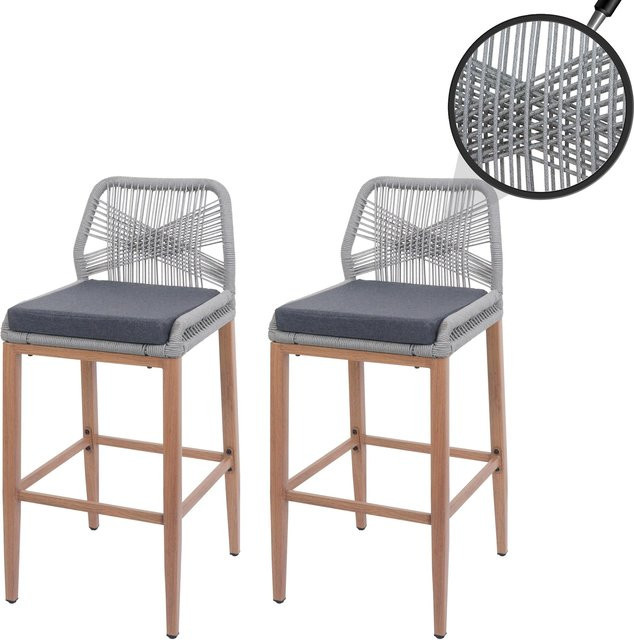 2er-Set MCW Rope-Barhocker MCW-O21 mit Seilgeflecht und Kissen, Farbe Hellgrau, Holz-Optik und Metall, B/T/H: 50 x 50 x 101 cm - Bild 1