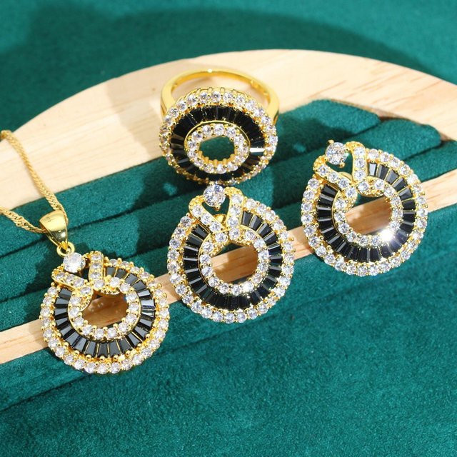 YIRAN Schmuck-Set, Halskette, Ohrring, Kupfer, Zirkonia, Gold, Unisex - Bild 1