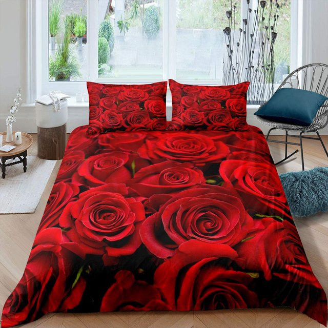 Bettwäsche-Set Your Warm Home mit Rosenblüten-Print in Rot, King Size Bettbezug und Kissenbezüge, B/H: 180 x 210 cm - Bild 1
