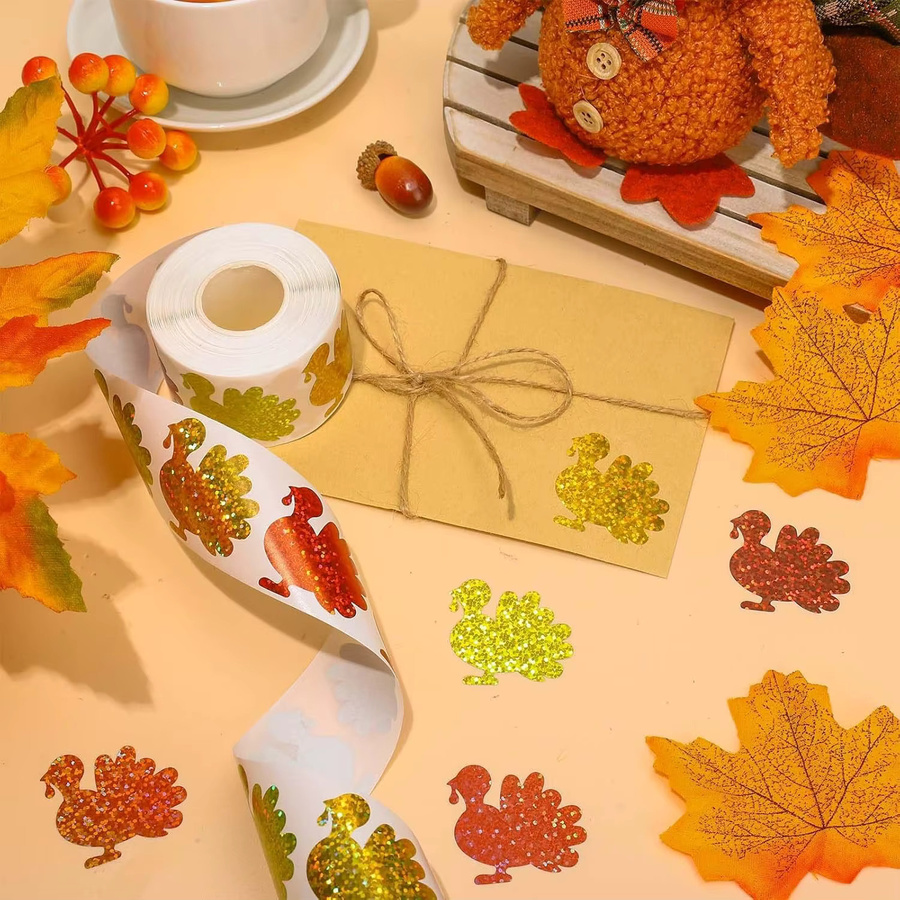 TYFYO Herbst Thanksgiving Aufkleber mit glitzerndem Laser-Truthahn in 5 Farben, 500 Stück, Durchmesser: 3,048 cm - Bild 3