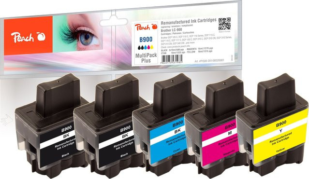 Peach B900 VAL 5 Druckerpatronen Set für Brother LC-900VAL, wiederaufbereitet, Multicolor (2x Schwarz, Cyan, Magenta, Gelb) - Bild 1