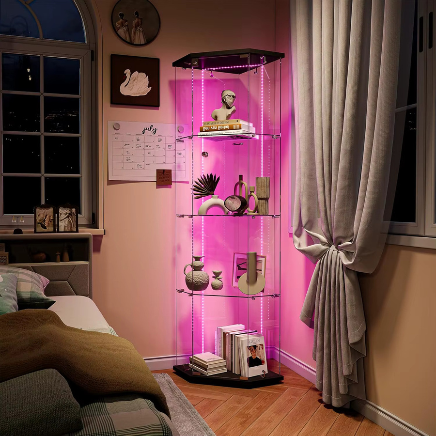 Rosahqnda Eck-Glasvitrine mit LED-Beleuchtung, moderne stehende Ausstellungsvitrine mit Glastüren in Schwarz und Transparent - Bild 4