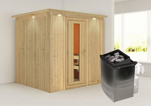 Karibu Sauna Rakvere aus Fichtenholz mit 9 kW Saunaofen und integrierter Steuerung für 3 Personen, beige, B/T/H: 184 x 202 x 210 cm - Bild 1