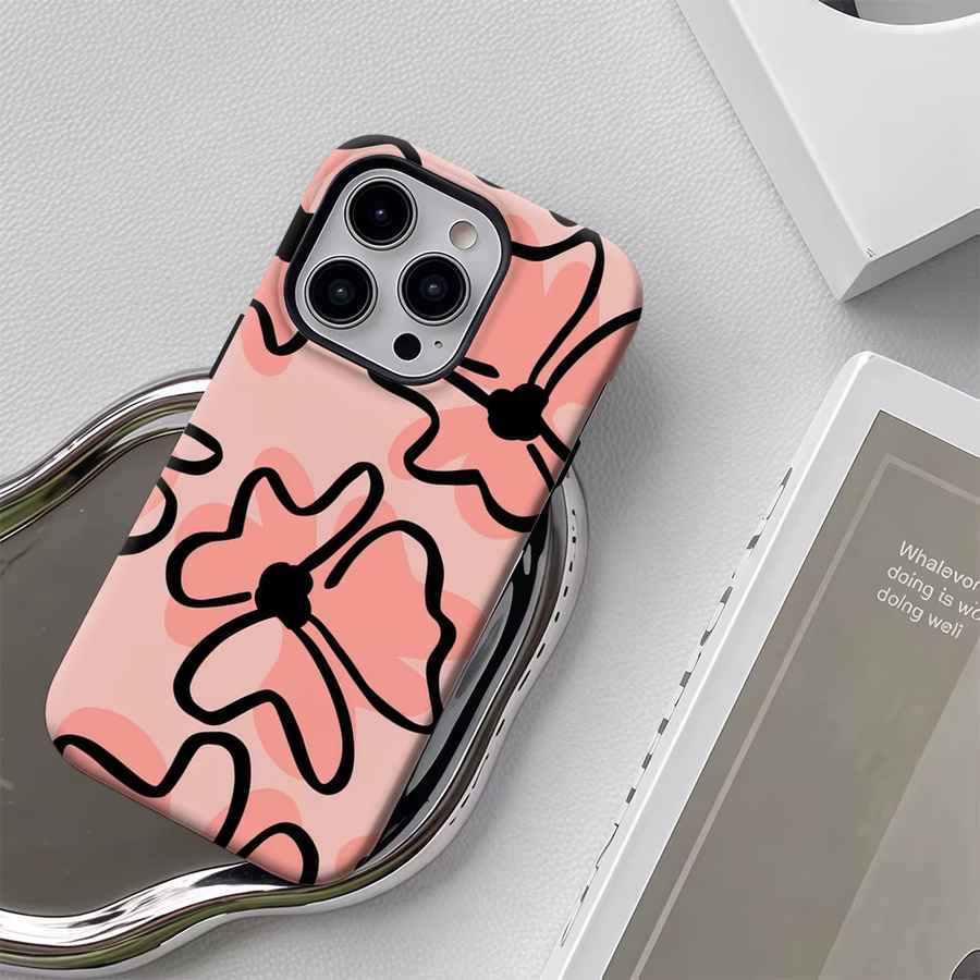 Handyhülle mit Blumenmuster für Apple iPhone 17 16 15 14 13 12 Pro Max Plus, Schwarz und Rosa, doppelschichtige Rückseite - Bild 5