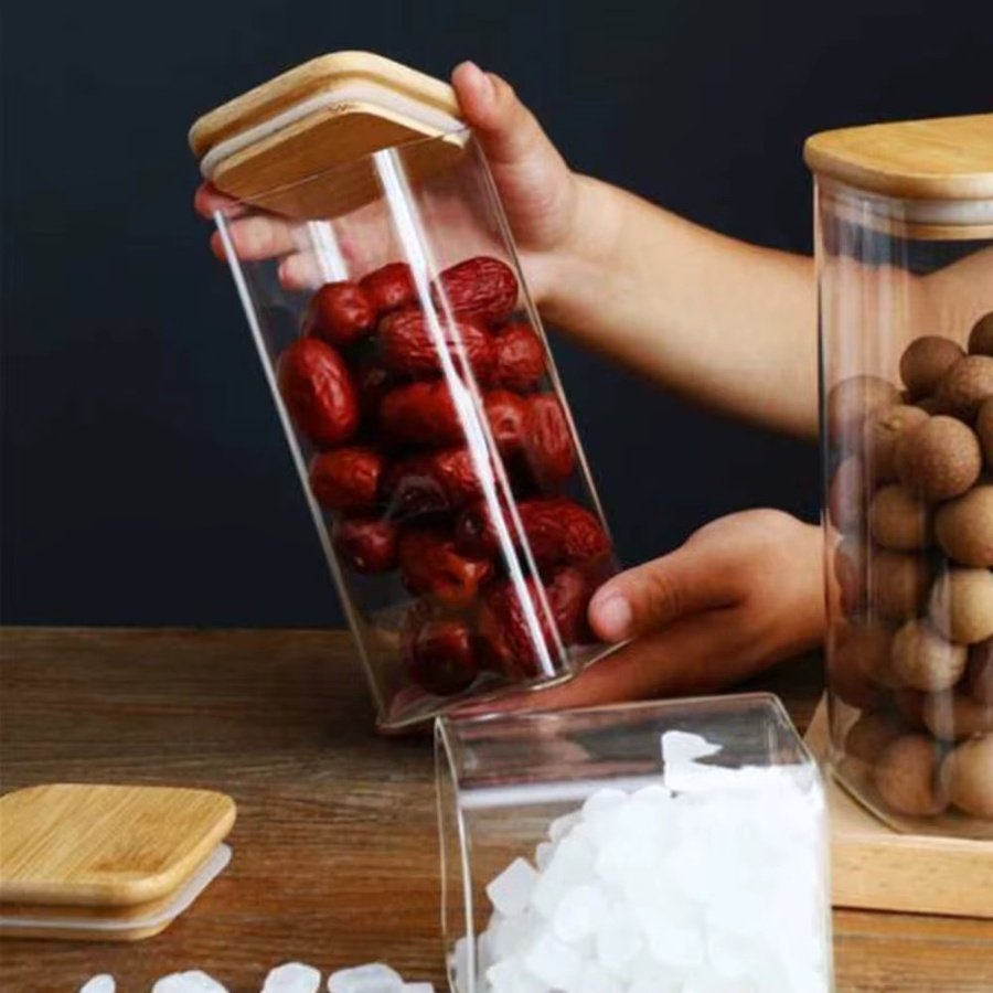 Transparente Gewürzdose aus Glas mit Bambusdeckel und luftdichtem Verschluss als Vorratsbehälter für Snacks und Süßigkeiten - Bild 4