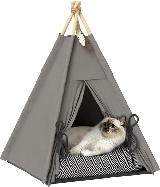 PawHut Tipi Katzenzelt aus Polyester mit integriertem Spielzeug und rutschfester Unterseite, Grau, B/T/H: 60 x 60 x 76 cm - Bild 1
