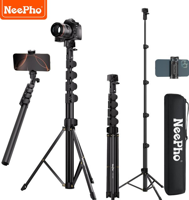 NeePho NP-2588 Multi-Winkel Aluminium-Stativ Selfie-Stick mit Cold-Shoe-Halterung in Schwarz, 180 cm Höhe, kompatibel mit Handys und Kameras - Bild 1