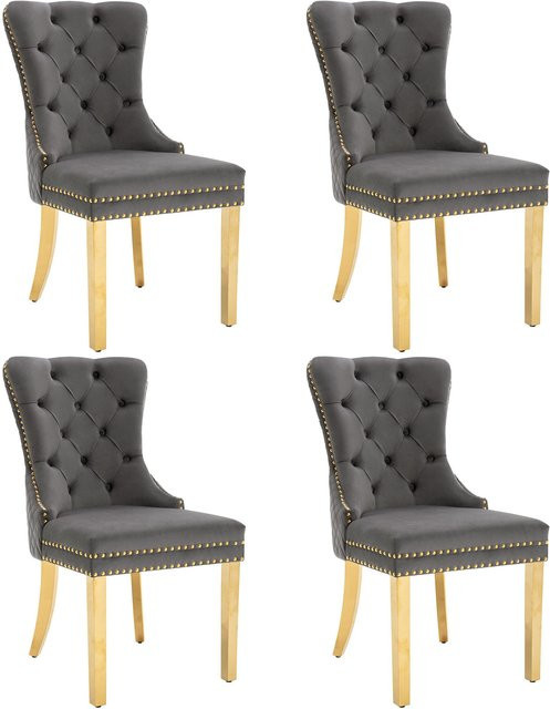 Set aus 4 Esszimmerstühlen aus Samt in Grau mit runden Zugringen und Nagelkopfbesatz, B/T/H: 51 x 65,5 x 95 cm - Bild 1