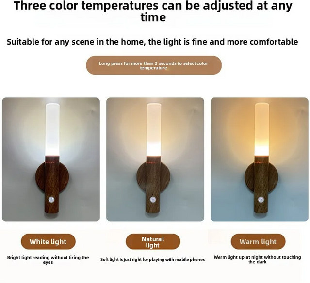 LINYILIGHT LED-Nachtlicht mit Bewegungssensor, wiederaufladbare magnetische Wandleuchte in Holzoptik für Schlafzimmer, Flur und Treppen, Weiß - Bild 1