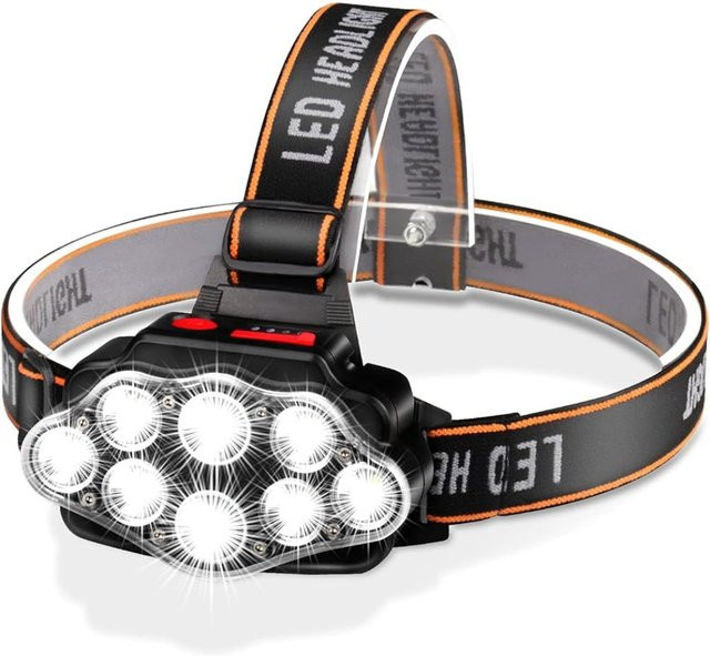 Wiederaufladbarer LED USB Scheinwerfer mit 8 LEDs, wasserdichte IPX4 Kopf-Taschenlampe in Schwarz für Camping und Sport - Bild 1