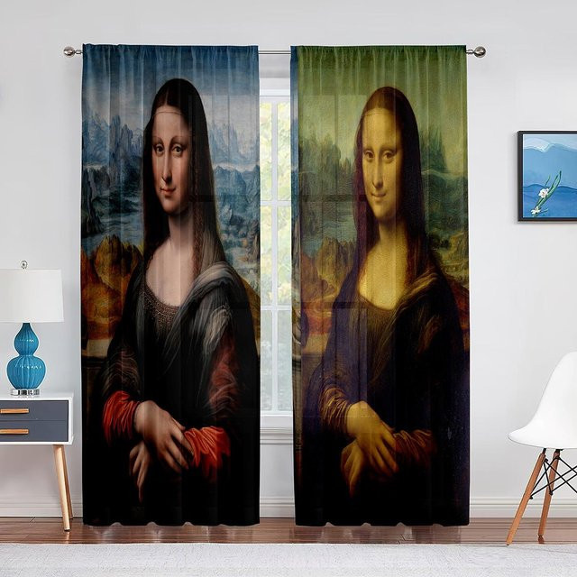 Transparenter Tüllvorhang mit Mona Lisa und Kätzchen Motiv, Mehrfarbig, Breite: 100 cm, Höhe: 250 cm - Bild 1