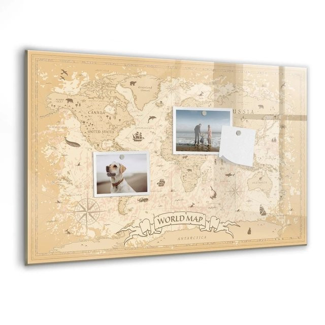 Tulup Magnettafel aus Glas mit Vintage Weltkarte, Whiteboard in White, Brown und Beige, B: 60 cm, H: 40 cm - Bild 1
