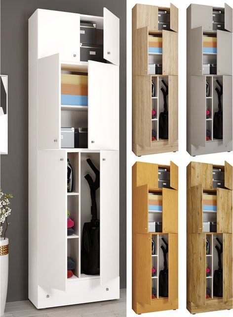 VCM Lona Besenschrank aus Holz mit 6 Fächern und extra Schublade, Mehrzweckschrank mit 2 Türen, H x B x T: 240 x 70 x 39 cm - Bild 1