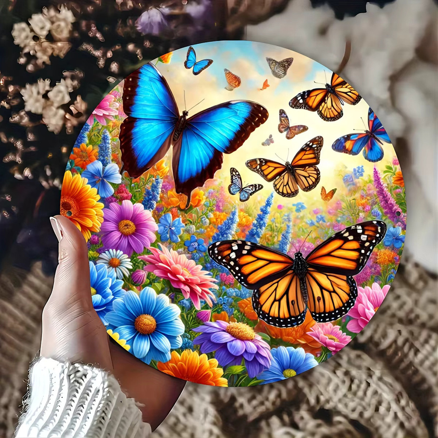 Potdemiel Metall-Wandkunst Rund mit Blumen und Schmetterlingen, B/D: 20,32 x 20,32 cm, Mehrfarbig - Bild 4