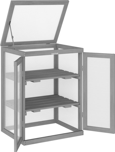 Outsunny Gewächshaus Frühbeet mit 3 Stufen und 2 Türen aus Holz und Polycarbonat, dunkelgrau - Bild 1