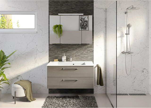 Pelipal Badmöbel-Set Trentino in Graphit Struktur mit Waschtisch aus Mineralmarmor, Waschtischunterschrank, Spiegelschrank und Midischrank, Breite: 137 cm - Bild 1