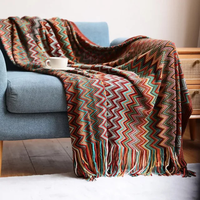 Mystybloom Boho Überwurfdecke in Rostrot, karierte gestrickte Decke mit Quasten - Bild 1