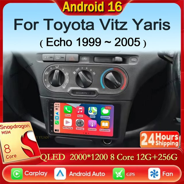 TIEYEZ Android 16 Autoradio mit Carplay und GPS für Toyota Vitz Yaris Echo 1999-2005, Multimedia-Videoplayer und Navigation, Schwarz - Bild 1